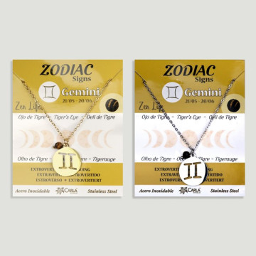 Colgante Acero Inox. dorado/plateado Zodiaco + bola mineral facetada. Géminis