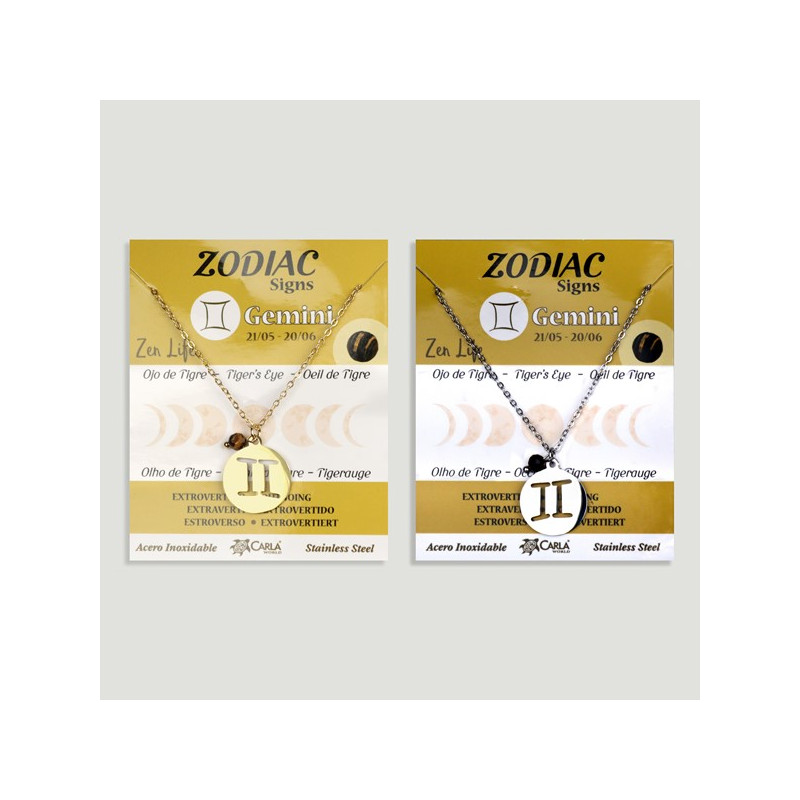 Pendentif en acier inoxydable. Zodiaque or/argent + boule minérale facettée. Gémeaux Pendentif en acier inoxydable. Zodiaque or/argent + boule minérale facettée. Gémeaux