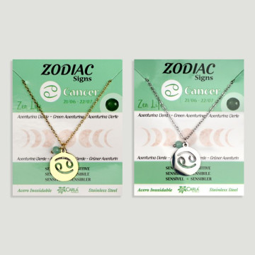 Colgante Acero Inox. dorado/plateado Zodiaco + bola mineral facetada. Cáncer
