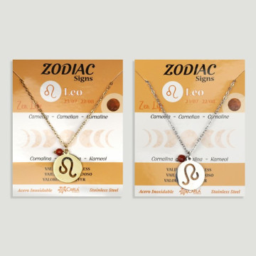 Colgante Acero Inox. dorado/plateado Zodiaco + bola mineral facetada. Leo