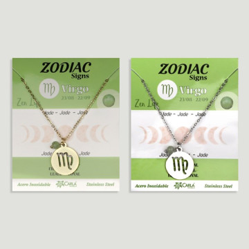Gold/silver stainless steel Zodiac pendant + faceted mineral ball. Virgo