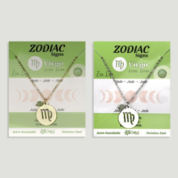 Colgante Acero Inox. dorado/plateado Zodiaco + bola mineral facetada. Virgo