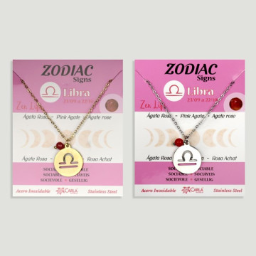 Colgante Acero Inox. dorado/plateado Zodiaco + bola mineral facetada. Libra