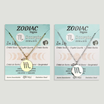 Colgante Acero Inox. dorado/plateado Zodiaco + bola mineral facetada. Escorpio