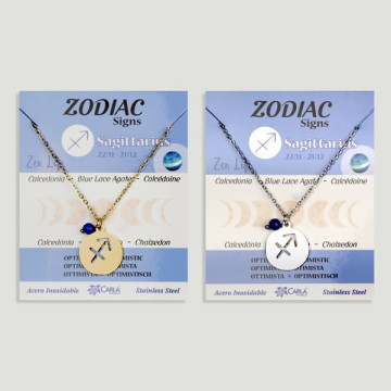 Colgante Acero Inox. dorado/plateado Zodiaco + bola mineral facetada. Sagitario