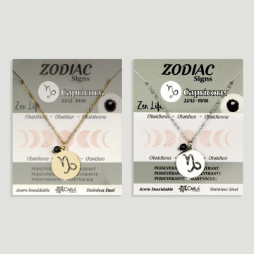 Colgante Acero Inox. dorado/plateado Zodiaco + bola mineral facetada. Capricornio