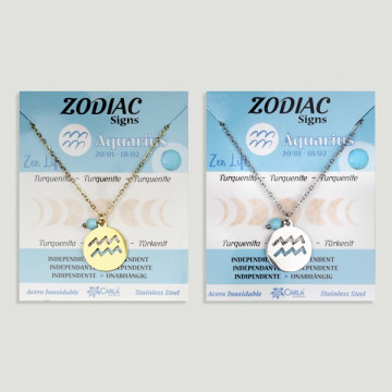 Gold/silver stainless steel Zodiac pendant + faceted mineral ball. Aquarius