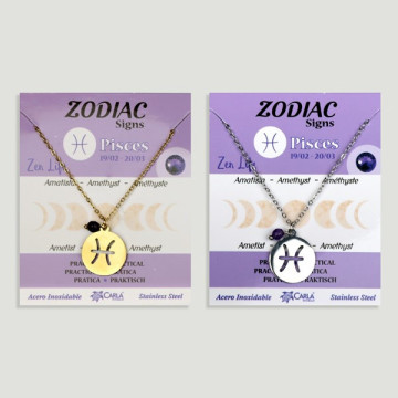 Colgante Acero Inox. dorado/plateado Zodiaco + bola mineral facetada. Piscis