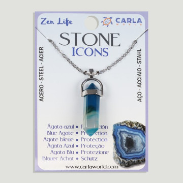 Crochet 91 – Pendentif pointe minérale avec chaîne en acier argenté. Agate bleue