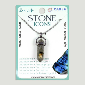 Crochet 104 – Pendentif pointe minérale avec chaîne en acier argenté. Labradorite