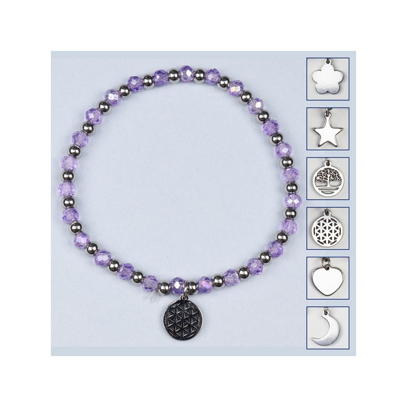 Bracelet à breloques en cristal, acier inoxydable. Couleur violet clair Bracelet à breloques en cristal, acier inoxydable. Couleur violet clair