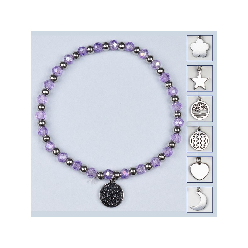 Bracelet à breloques en cristal, acier inoxydable. Couleur violet clair Bracelet à breloques en cristal, acier inoxydable. Couleur violet clair
