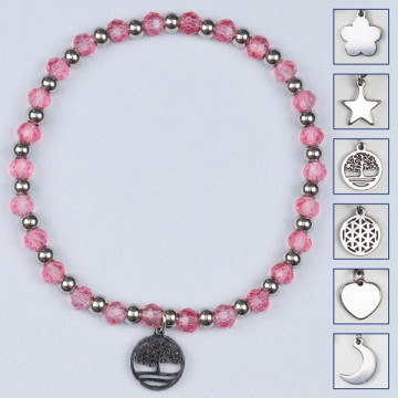 Bracelet à breloques en cristal, acier inoxydable. Couleur rose clair