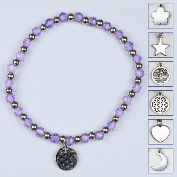 Gancho 12 – Pulsera cristal charm, acero Inoxidable. Color Lila claro