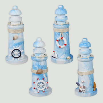Round wooden lighthouse white/light blue 6x15 cm. Assorted model.