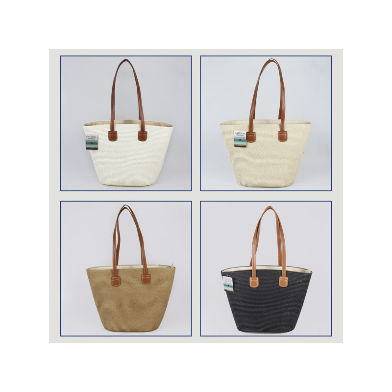 Bolsa de playa 100% Fibra de papel con asa polipiel. 40x30x15 cm. aprox. Surtido Bolsa de playa 100% Fibra de papel con asa polipiel. 40x30x15 cm. aprox. Surtido