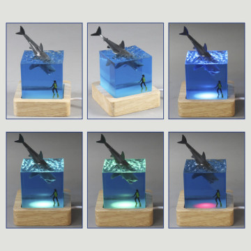 USB Resin Blue Shark Lamp with Wooden Base 7x7x9cm