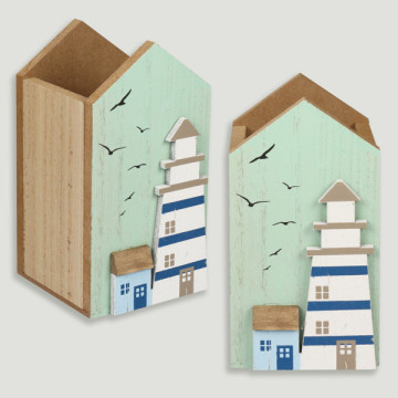 Wooden pencil holder, approx. 8 x 8 x 15 cm. Lighthouse model