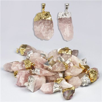 Raw Rose Quartz pendant, gold/silver electroplated.