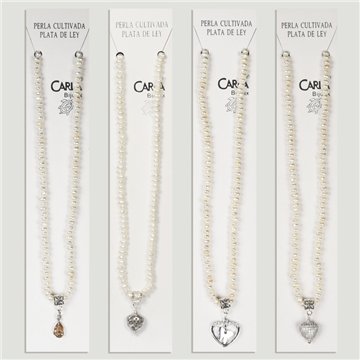 Mini silver pearl necklace with various pendants. 40cm approx.
