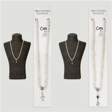 Mini silver pearl necklace with various pendants. 40cm approx.