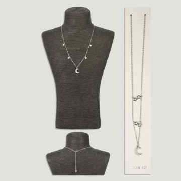 Silver moon and star pendant with cubic zirconia. Chain: 45cm approx.