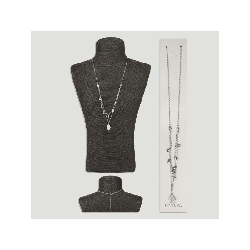 Silver Hand of Fatima pendant with 9 cubic zirconia. Chain: 50cm approx. Silver Hand of Fatima pendant with 9 cubic zirconia. Chain: 50cm approx.