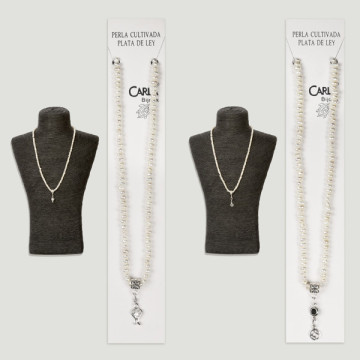 Mini silver pearl necklace with various pendants. 40cm approx.