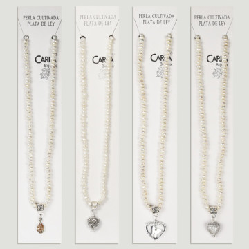 Mini silver pearl necklace with various pendants. 40cm approx.