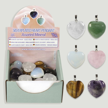 HEART. Pendente banhado a prata. Coração mineral sortido