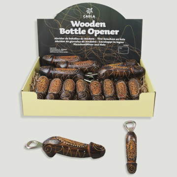 Wood bottle opener display 15 cm abstract.