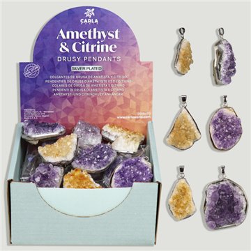 AMETHYST & CITRINE. Silver-plated Druzy pendant