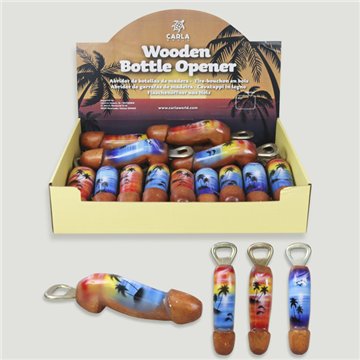 WOODEN BOTTLE OPENER. Assorted painted wood bottle openers. 15 cm