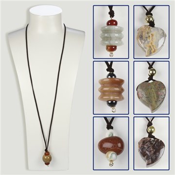 Assorted mineral pendant with gold-plated metal and cord.