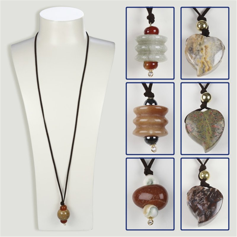 Assorted mineral pendant with gold-plated metal and cord. Assorted mineral pendant with gold-plated metal and cord.