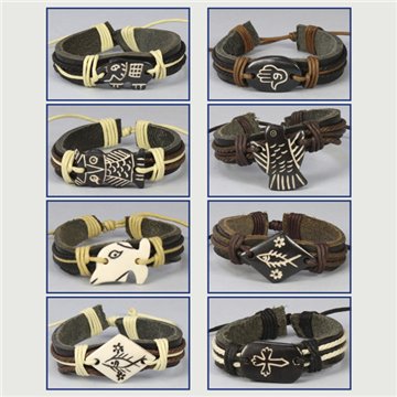 Pulsera cuero y hueso étnico. Modelos surtidos