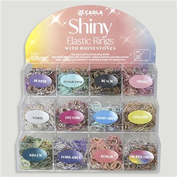 SHINY ELASTIC RINGS. Display with assorted elastic crystal rings