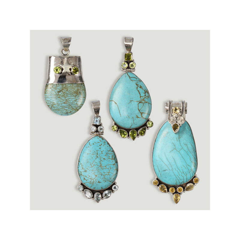 Pendente de Prata. Magnesita turquesa com pedras preciosas. A partir de 19,2 gr. (PREÇO POR RELVA) Pendente de Prata. Magnesita turquesa com pedras preciosas. A partir de 19,2 gr. (PREÇO POR RELVA)