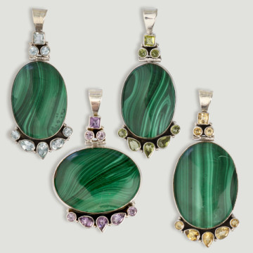 Silver Pendant. Malachite with gemstones. Starting at 22.4 gr. (PRICE PER GRAM)