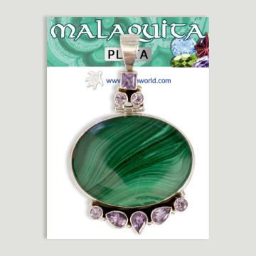 Silver Pendant. Malachite with gemstones. Starting at 22.4 gr. (PRICE PER GRAM)