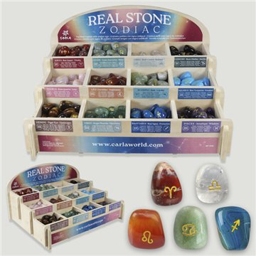TUMBLED STONE ZODIAC. Wooden display with engraved wheels. 360 units.