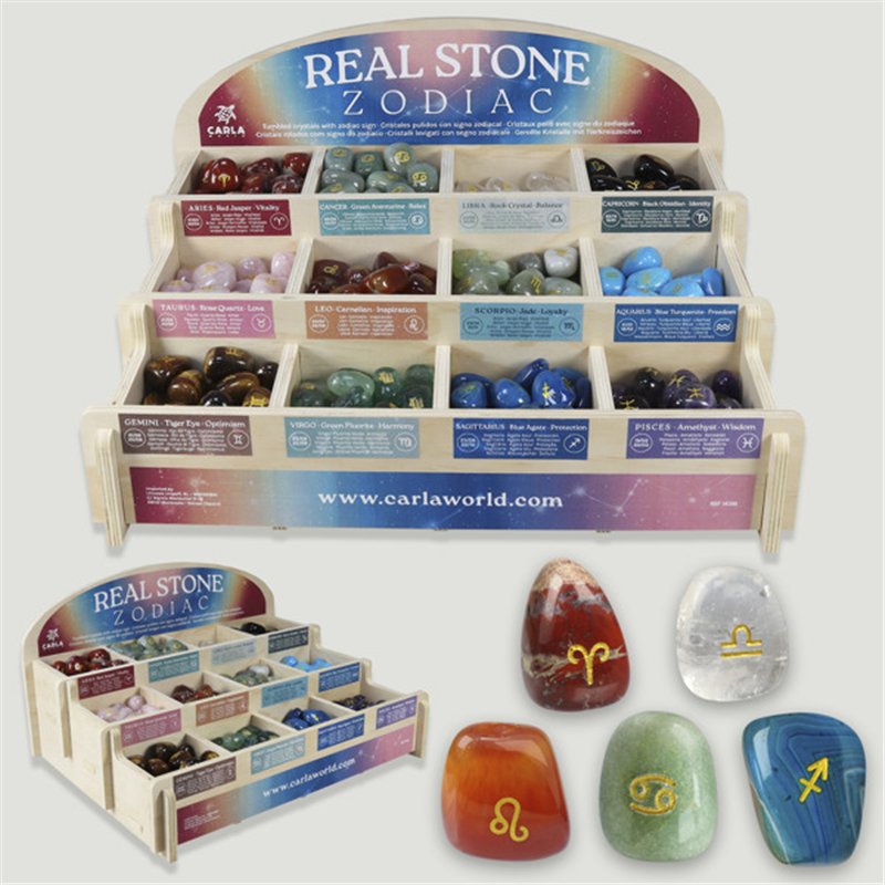TUMBLED STONE ZODIAC. Expositor madera con rodados grabados. 360 uds TUMBLED STONE ZODIAC. Expositor madera con rodados grabados. 360 uds