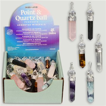 POINT & QUARTZ BALL. Colgante punta silver plated con bola cuarzo. Minerales surtidos