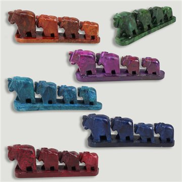 Row of 4 elephants. Soapstone. Assorted designs. 3x15x5.5 to 3cm