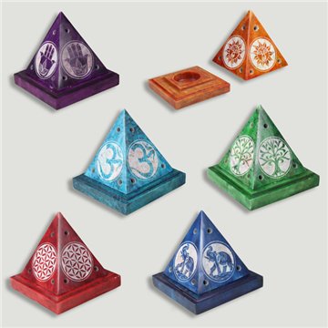 Carved pyramid candle holder. Soapstone. Assorted designs. 9.5x10cm
