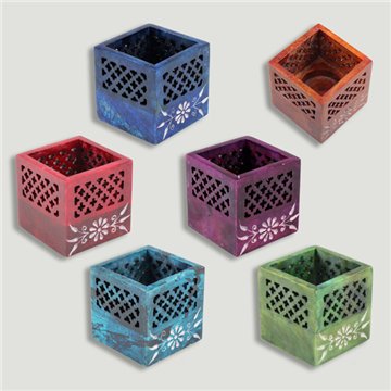 Carved cube candle holder. Soapstone. Assorted colors. 6.5x6.5cm