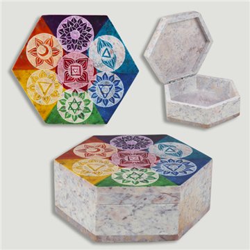 Carved hexagonal box. Soapstone. Chakras. 4x11cm