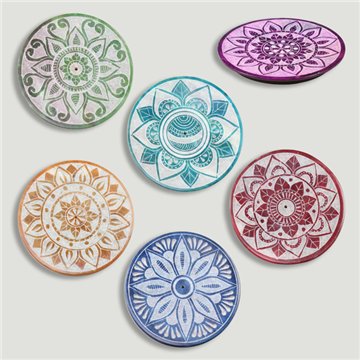 Carved plate incense holder. Soapstone. Assorted designs. 8cm