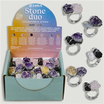 STONE DUO. Bague réglable en plaqué argent. Minéraux assortis