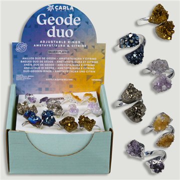 GEODE DUO. Bague réglable en plaqué argent. Minéraux assortis